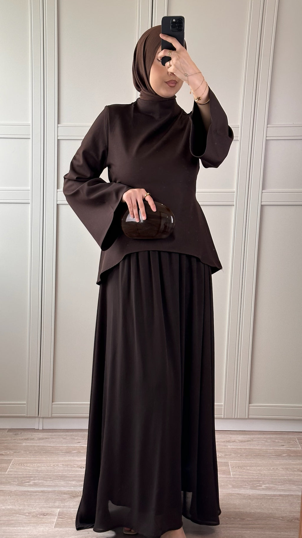 Ensemble Chocolat Satiné Femme Jupe Longue & Haut Élégant Modest Wear