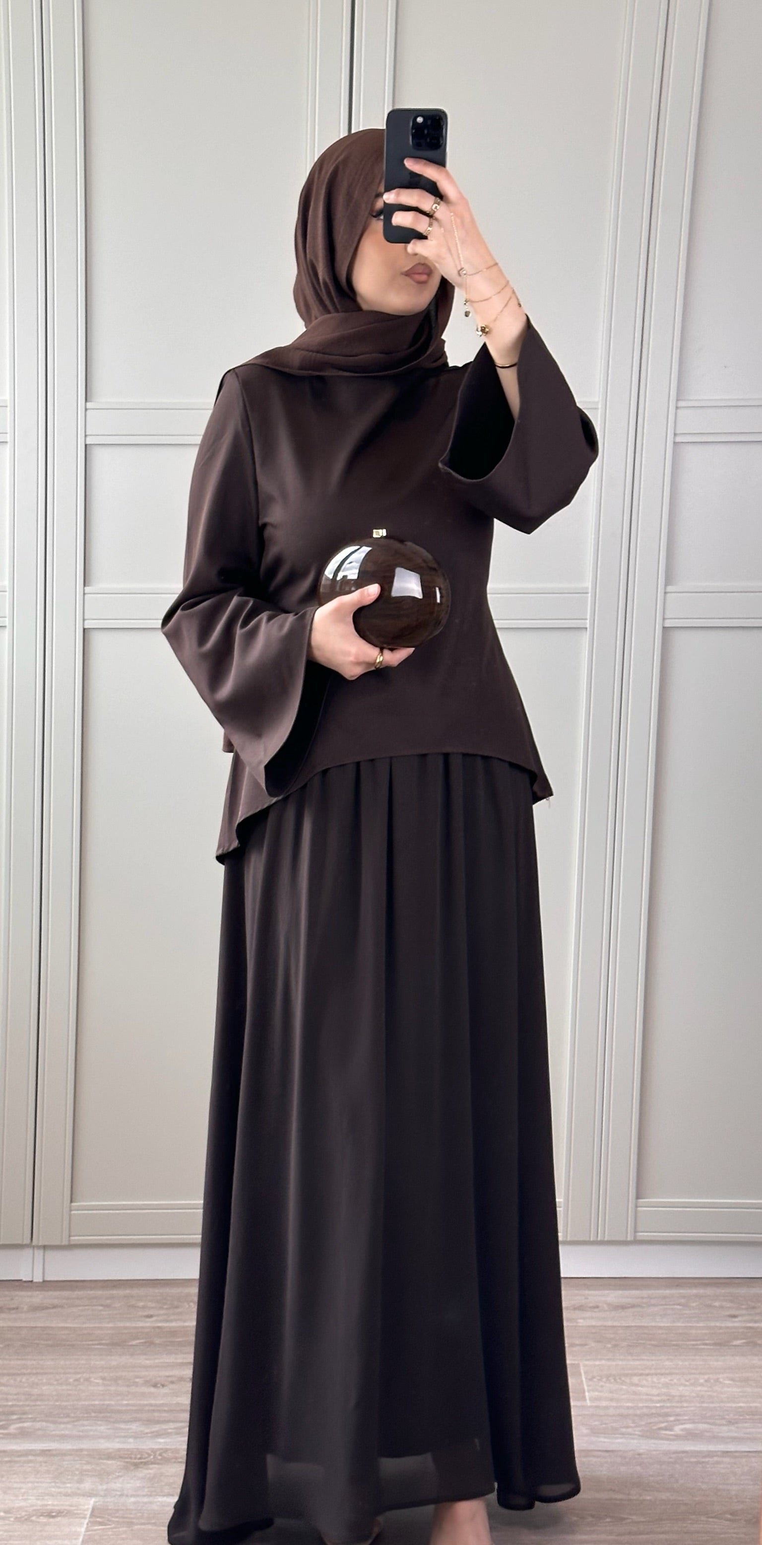Ensemble Chocolat Satiné Femme Jupe Longue & Haut Élégant Modest Wear