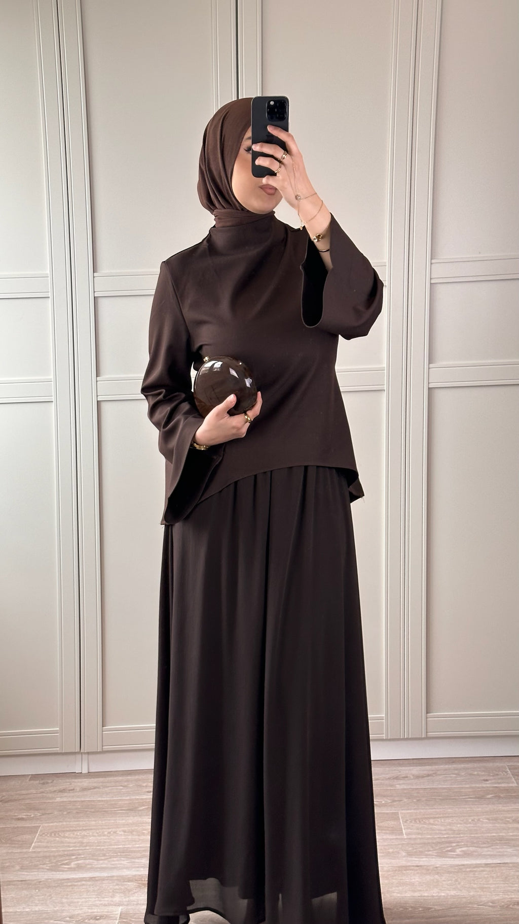 Ensemble Chocolat Satiné Femme Jupe Longue & Haut Élégant Modest Wear