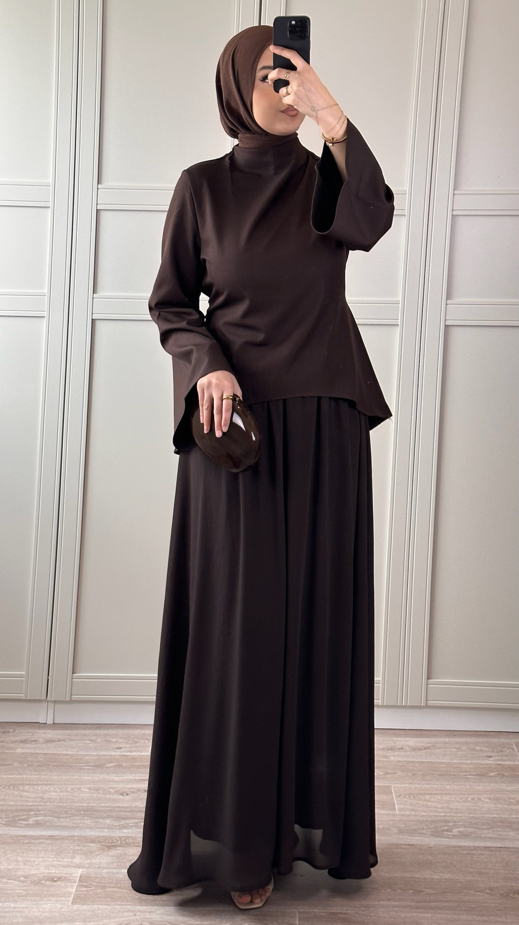 Ensemble Chocolat Satiné Femme Jupe Longue & Haut Élégant Modest Wear