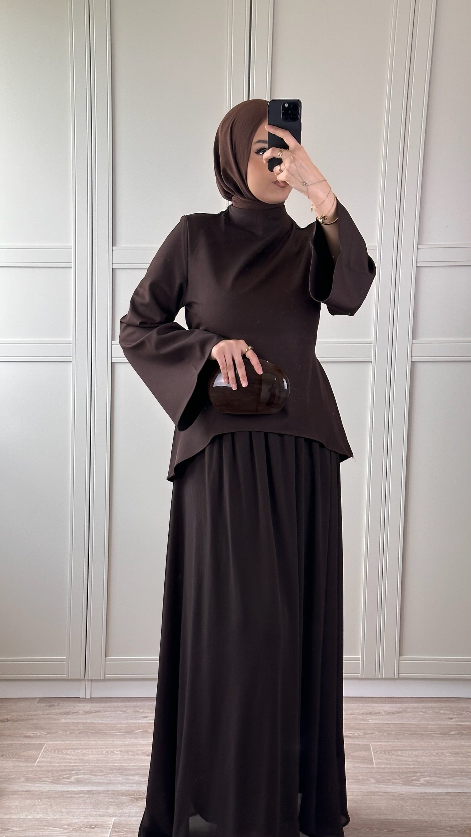Ensemble Chocolat Satiné Femme Jupe Longue & Haut Élégant Modest Wear