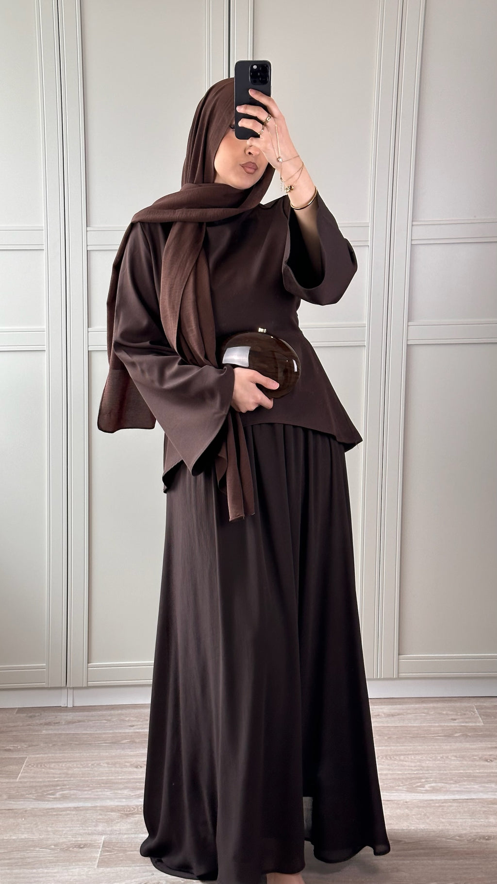 Ensemble Chocolat Satiné Femme Jupe Longue & Haut Élégant Modest Wear