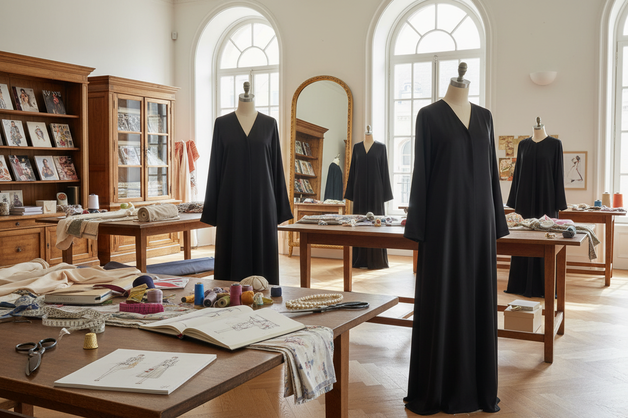 Photographie ultra réaliste d’un atelier de couture ou studio de mode luxueux, lumière naturelle douce entrant par de grandes fenêtres, sols en parquet brillant, tables avec tissus et croquis, mannequins portant des abayas sobres noires en satin avec des coupe droite, textures satinées avec reflets subtils, accessoires couture (ciseaux, rubans, bobines de fil) détaillés, arrière-plan riche et photoréaliste, ambiance calme et raffinée, rendu 8K, style éditorial magazine, aucune stylisation IA 